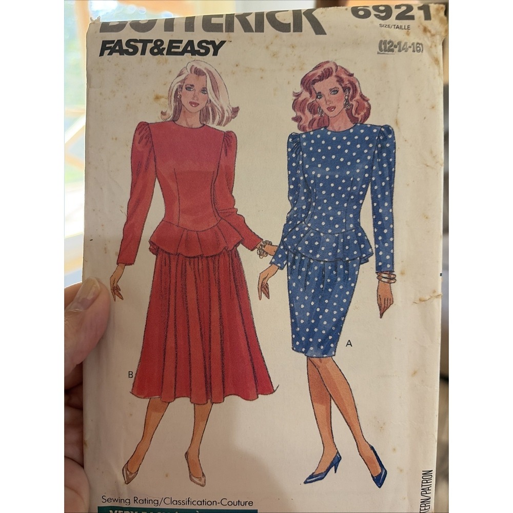 Vintage Butterick 6921 Sewing Pattern Dress Top Skirt Size 12-14-16 Uncut FF